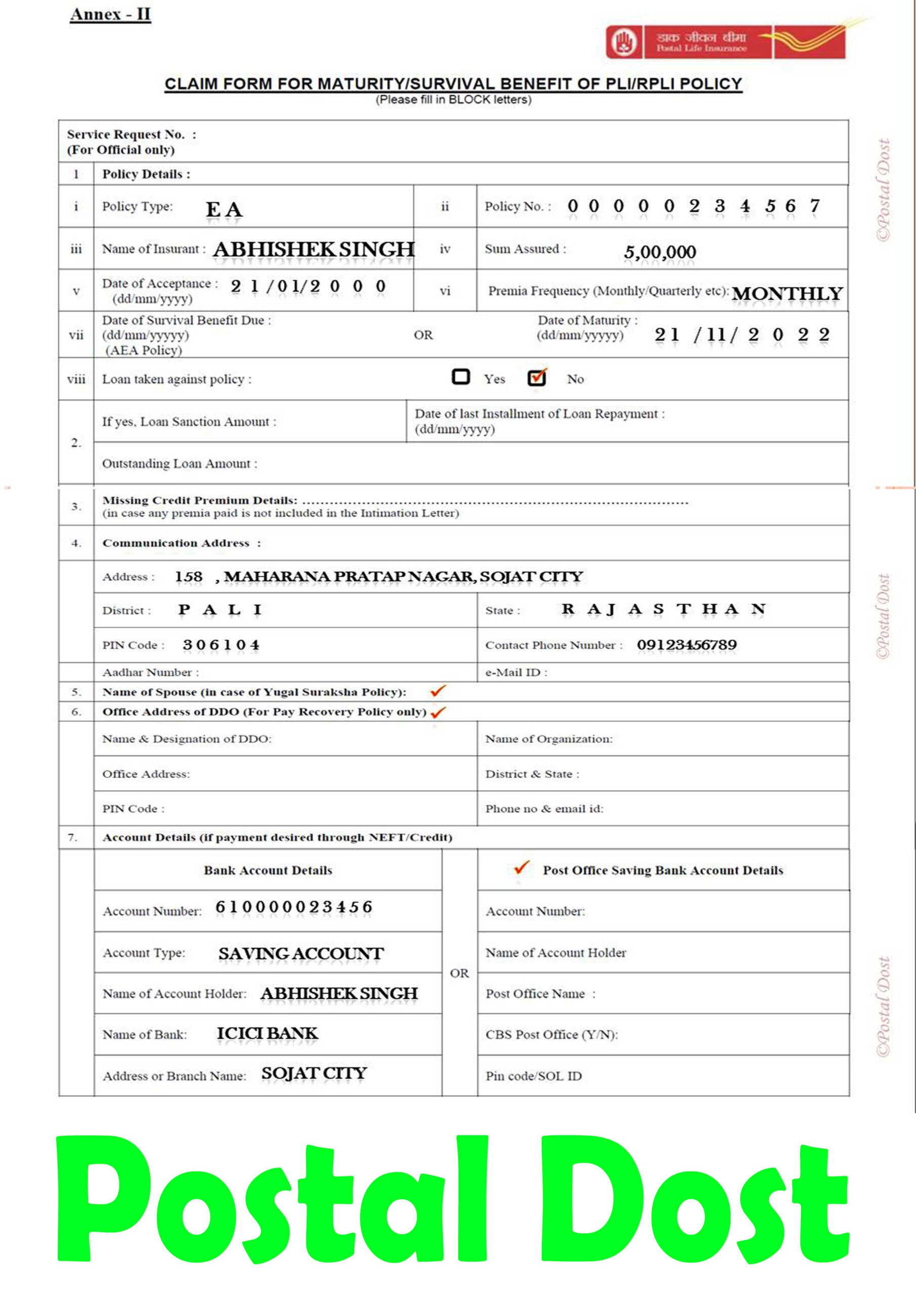 PLI Maturity Form Fill Up Postal Life Insurance Maturity 