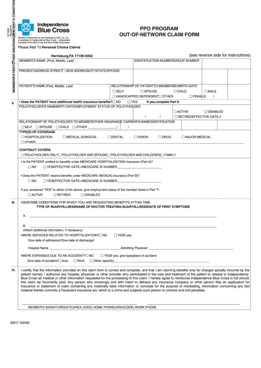 Ppo Program Out Of Network Claim Form Bcbs Pennsylvania Printable Pdf 