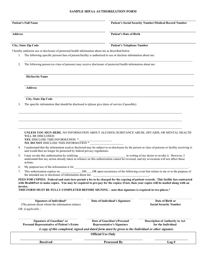 Printable Hipaa Forms For Patients Printable Forms Free Online