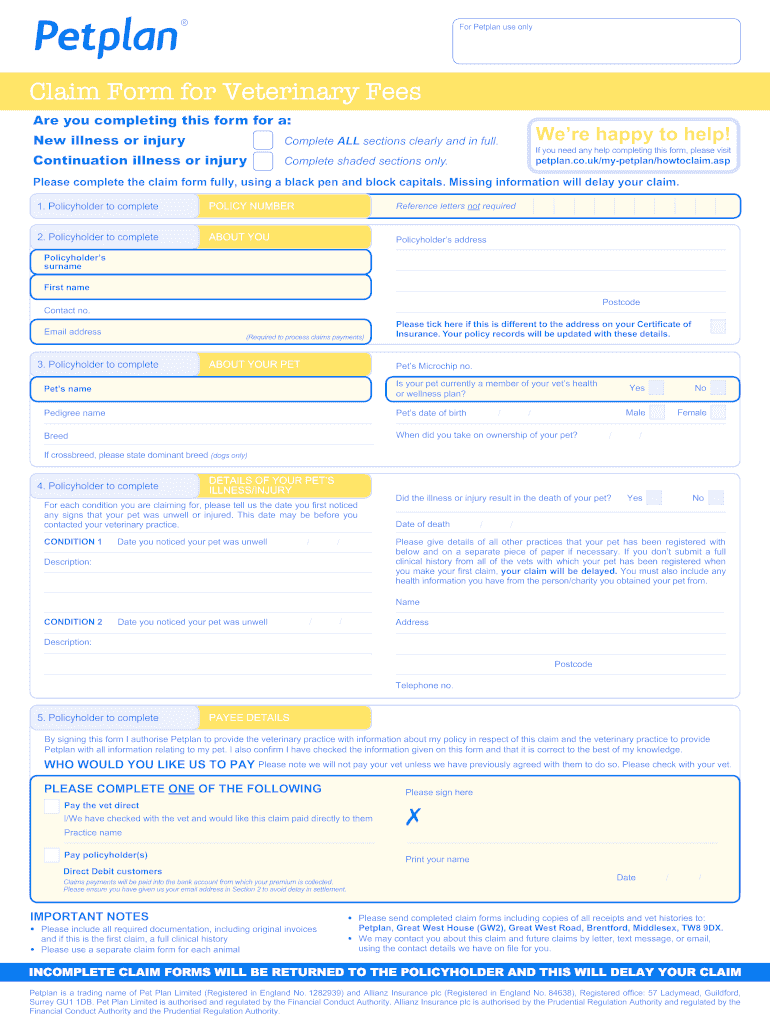 Printable Petplan Claim Form Uk