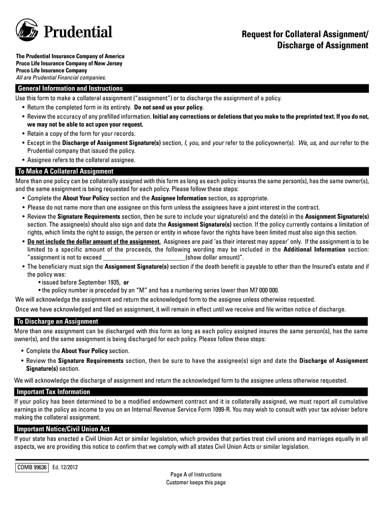 Prudential Life Insurance Collateral Assignment Form Fill Out Sign 