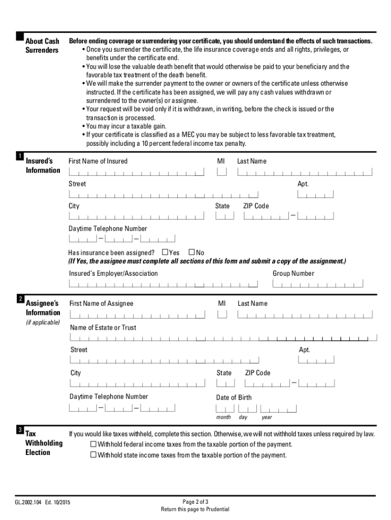 Prudential Life Insurance Surrender Form Fill Out Sign Online DocHub