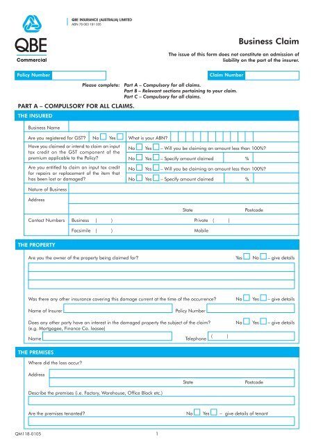 QBE Business Claim Form Interpacific Insurance Brokers