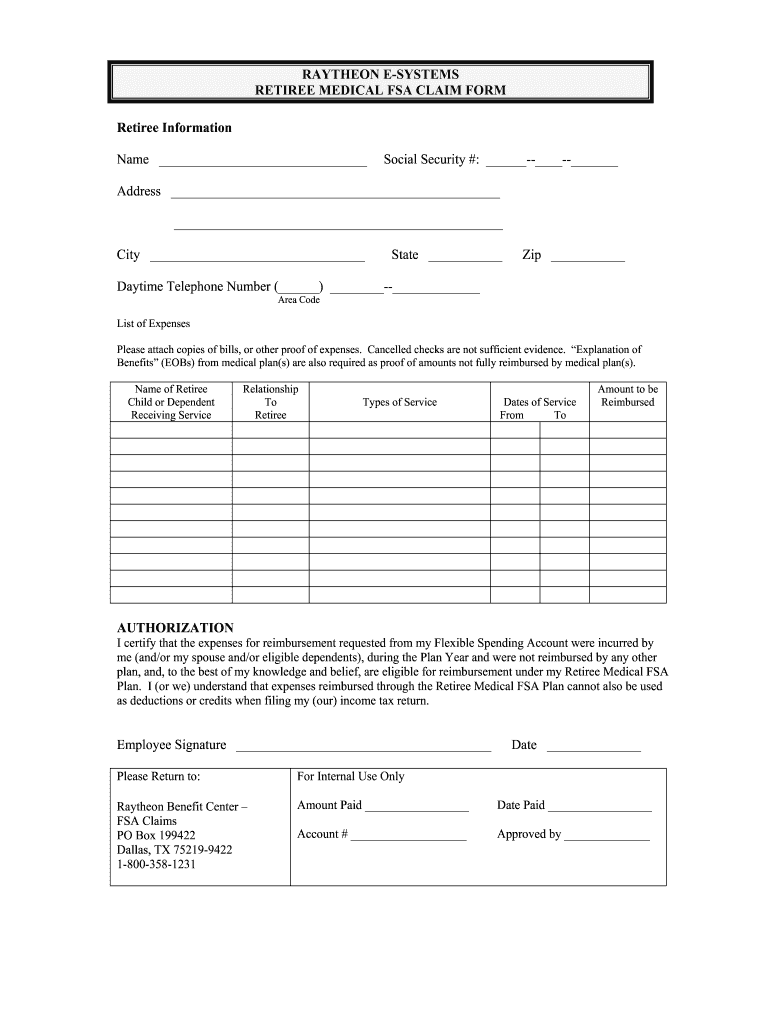 Raytheon E Systems Retiree Fsa Claim Form Fill Out Sign Online DocHub