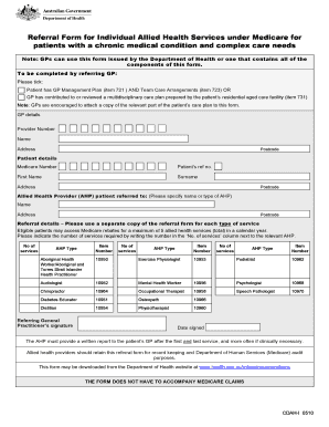 Referral Form For Individual Allied Health Services Under Medicare For 