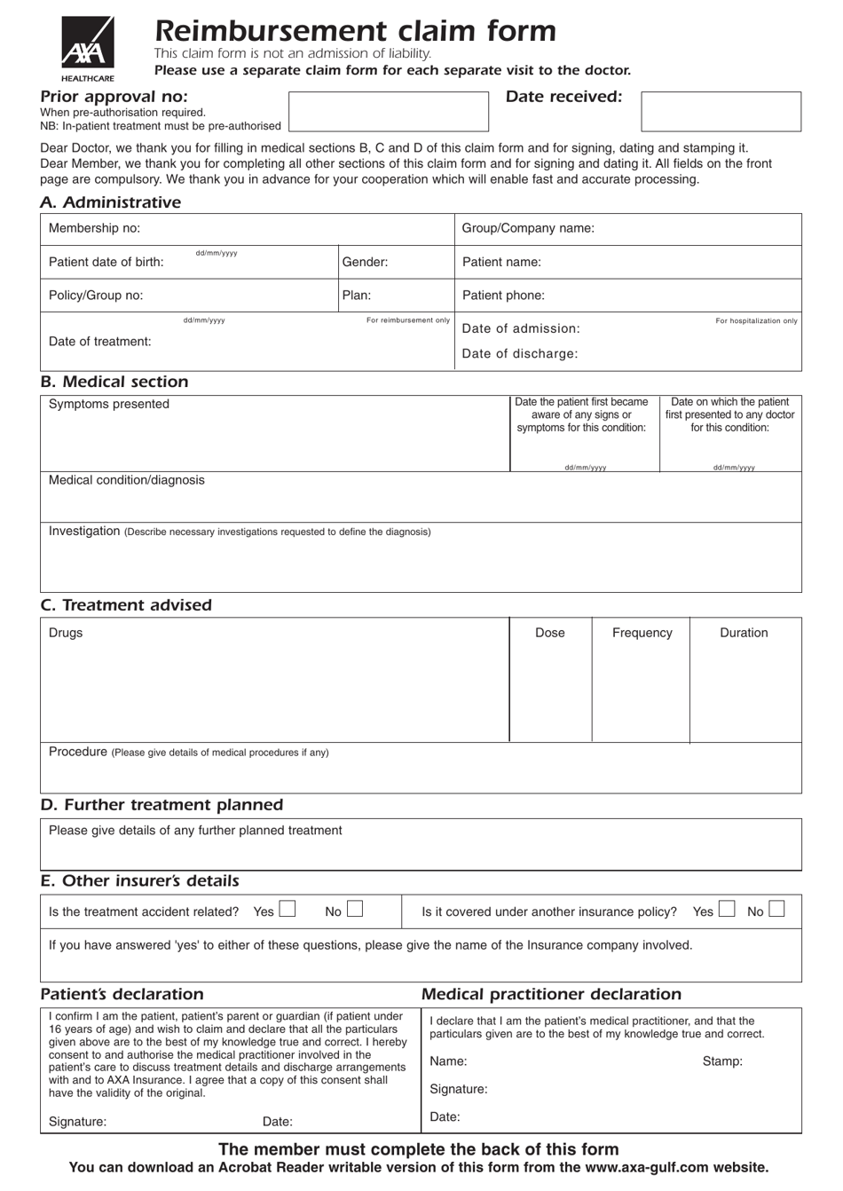 Reimbursement Claim Form Axa Healthcare Download Fillable PDF