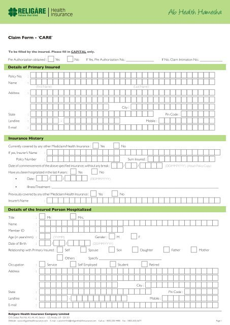 Reimbursement Claim Form Religare Health Insurance