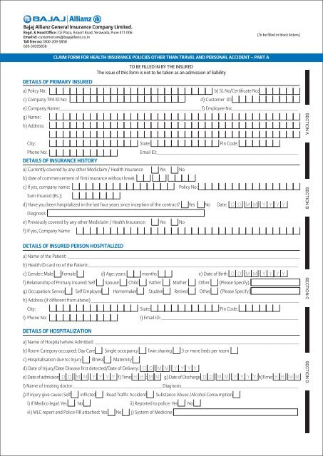 Reimbursement Form A 2013 Bajaj Allianz