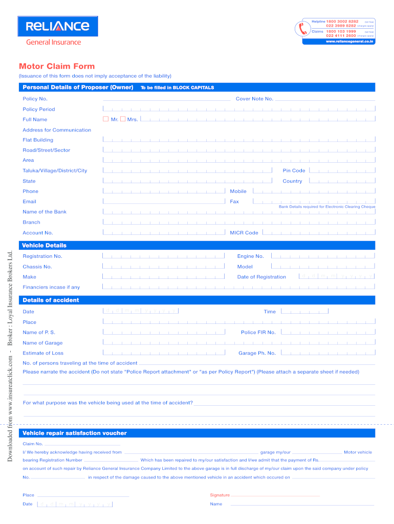 Reliance Motor Claim Form Fill Out And Sign Printable PDF Template