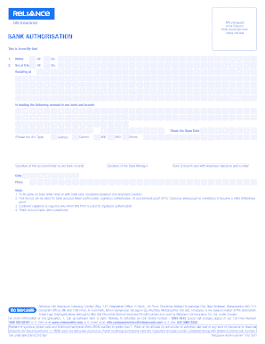 Reliance Nippon Life Insurance Bank Authorisation Form Fill And Sign