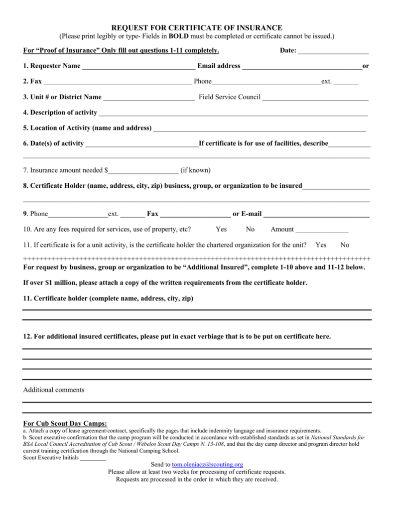 Request For Certificate Of Insurance Boy Scouts Of America Download 