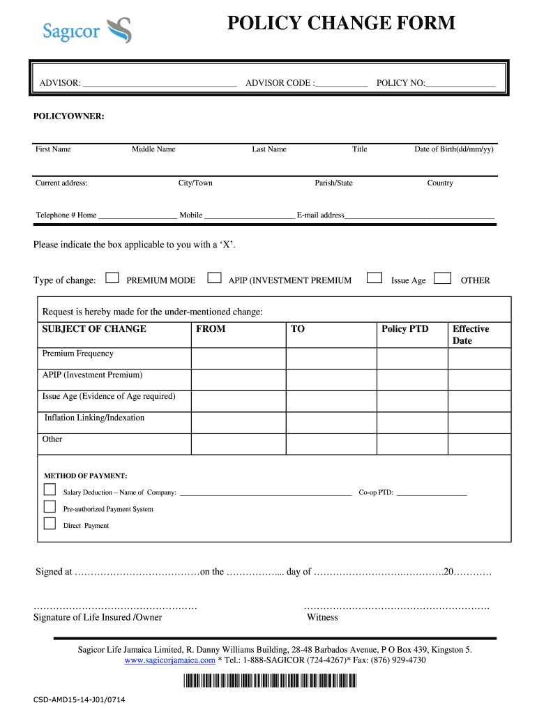 Sagicor Policy Form Fill Online Printable Fillable Blank PdfFiller