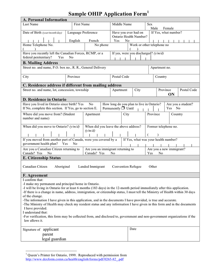 Sample OHIP Application Form In Word And Pdf Formats