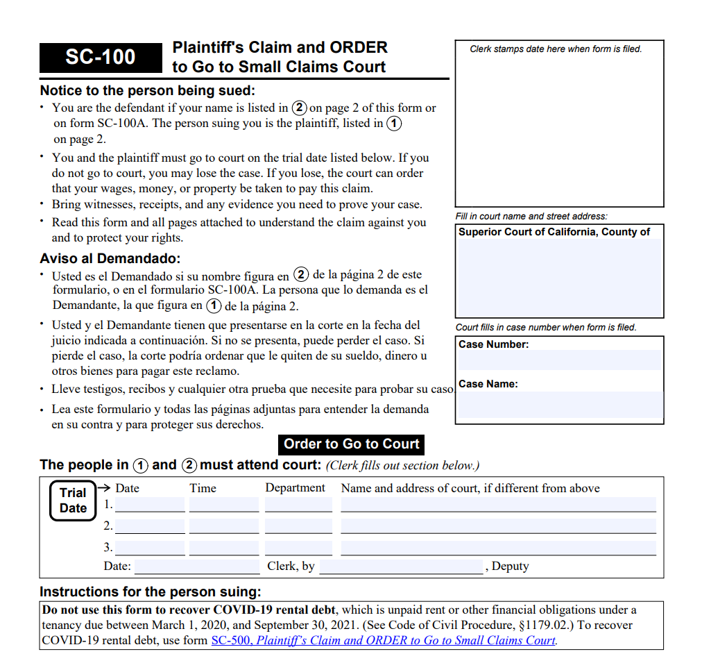 SC 100 Plaintiff 39 s Claim And ORDER To Go To Small Claims Court Forms 