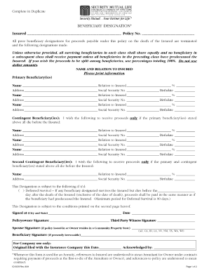 Security Mutual Life Insurance Beneficiary Form Fill Out And Sign 