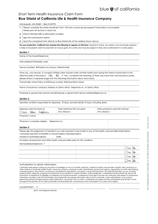 Short Term Health Insurance Claim Form Blue Shield Of California Life 