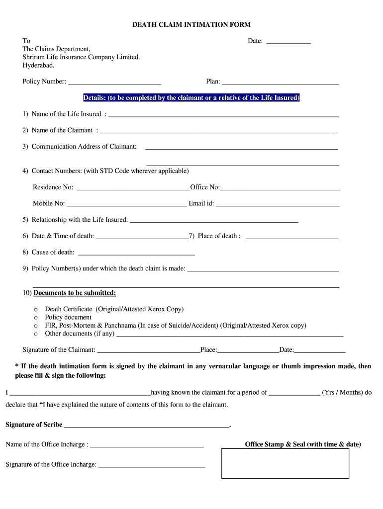 Shriram Life Insurance Company Limited Death Claim Intimation Form 