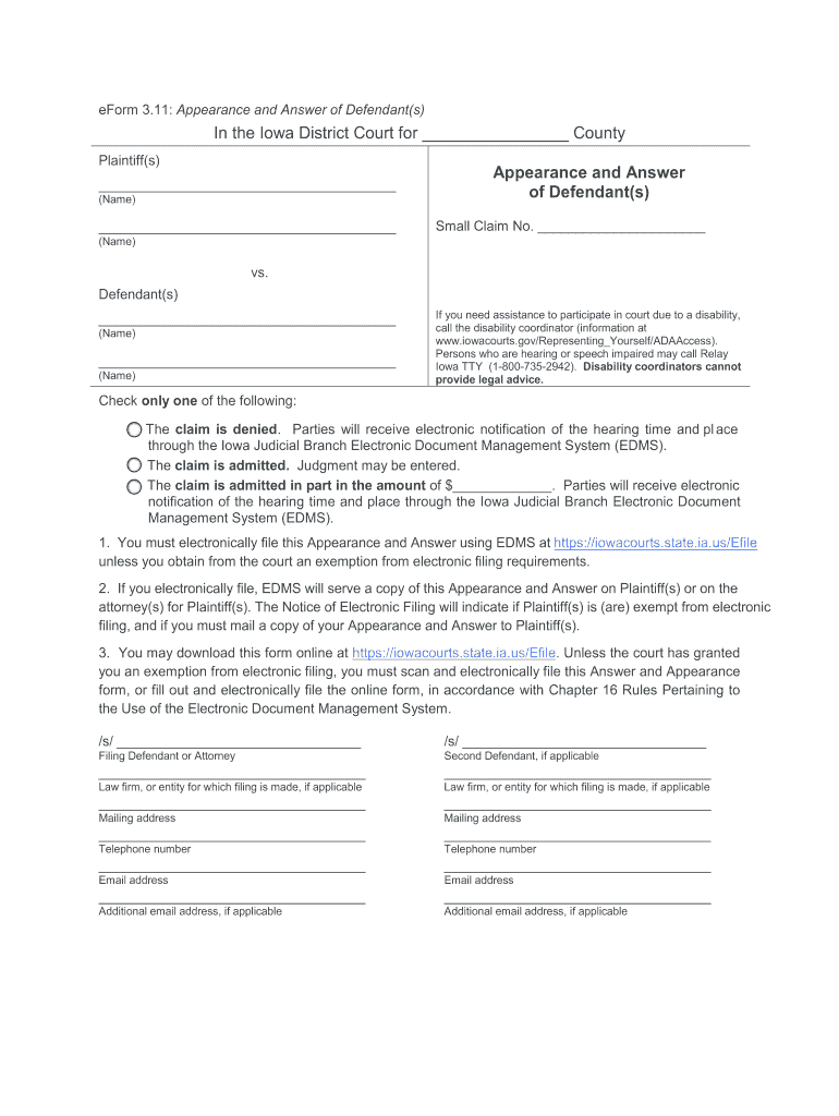 Small Claim Appearance And Answer Iowacourts Fill Out Sign Online 