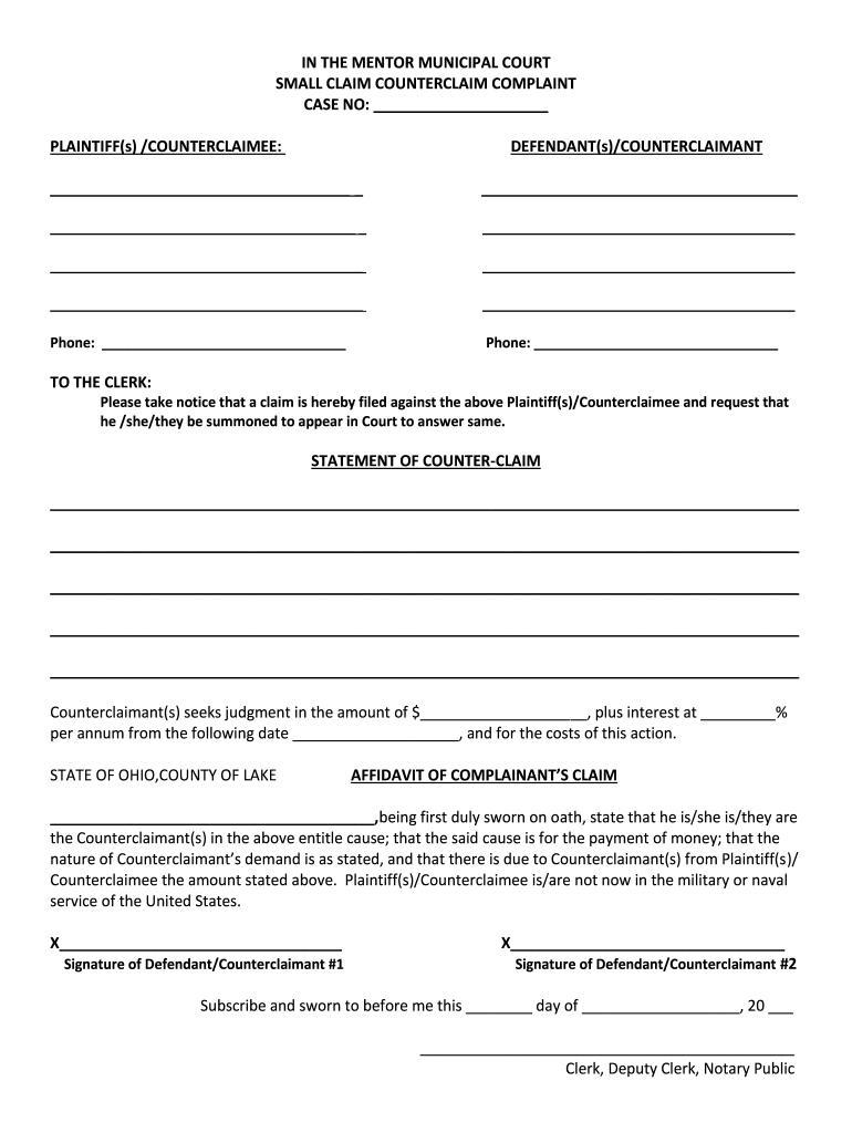 Small Claim Counterclaim Complaint Form Mentor Municipal Court