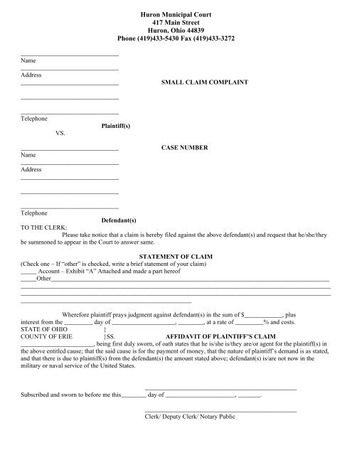 Small Claims Complaint Form City Of Huron Ohio