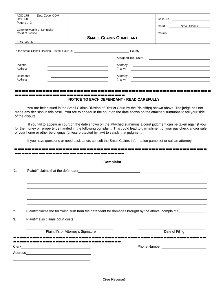 Small Claims Complaint Kentucky Form Fill Out And Sign Printable PDF 