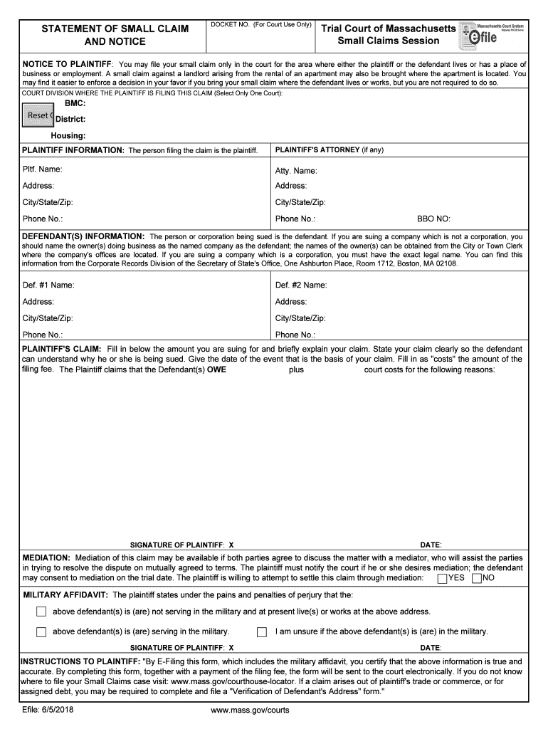Small Claims Court Massachusetts Fill Out Sign Online DocHub
