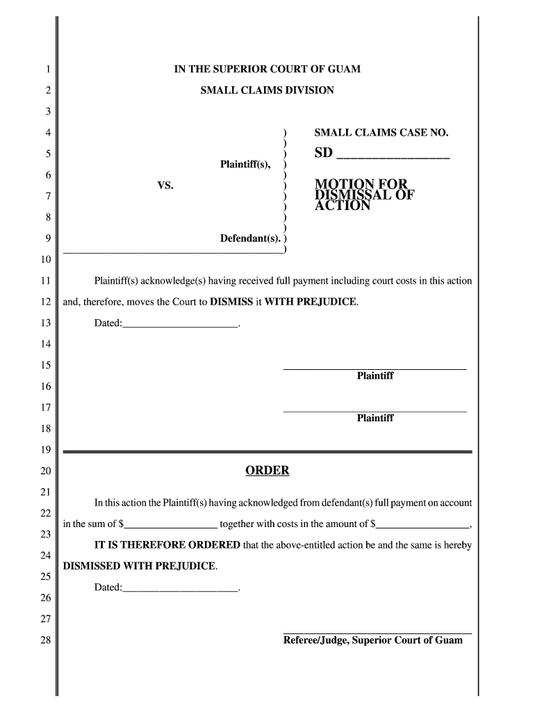 Small Claims Court Motion For Dismissal Of Action Motion For Dismissal