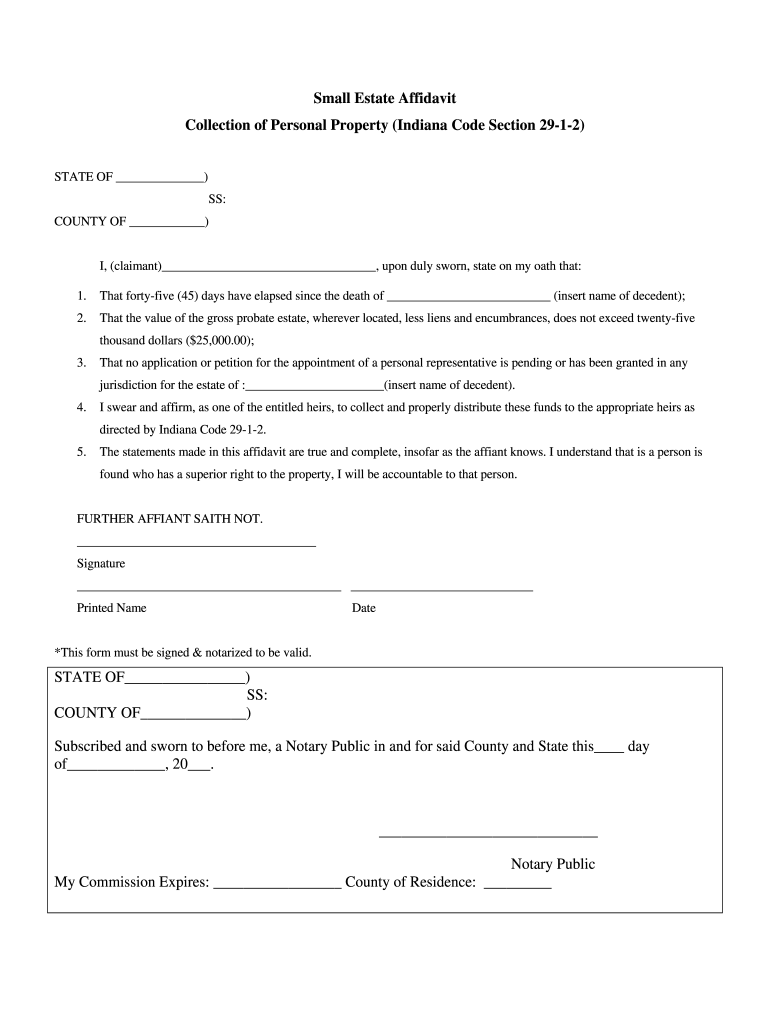 Small Estate Affidavit Indiana Fill Online Printable Fillable 