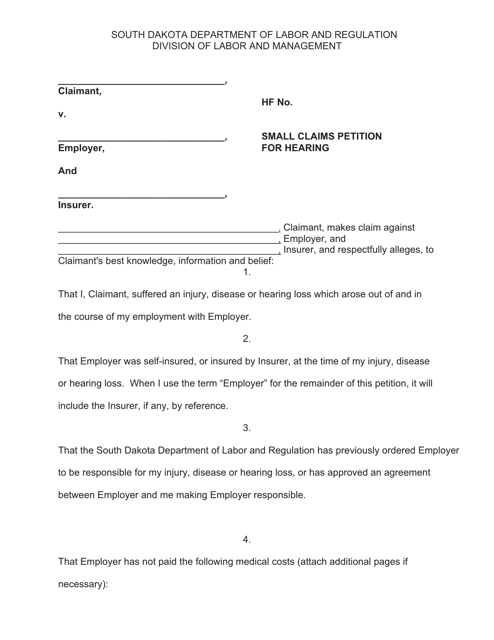 South Dakota Small Claims Petition For Hearing Download Printable PDF 