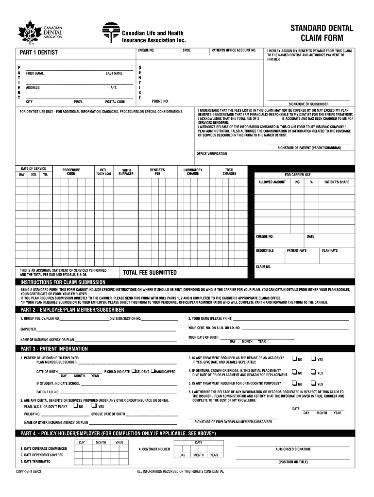 Standard Dental Claim Form Fill Online Printable Fillable Blank 