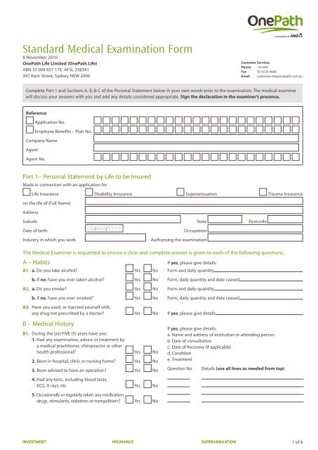 Standard Medical Examination Form OnePath