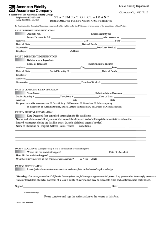 Statement Of Claimant For Life And or Annuity Benefits Form Printable 