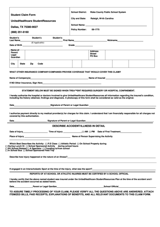 Student Claim Form North Carolina Printable Pdf Download