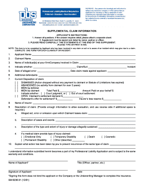 Supplemental Claim Form Medical Malpractice Insurance Data 