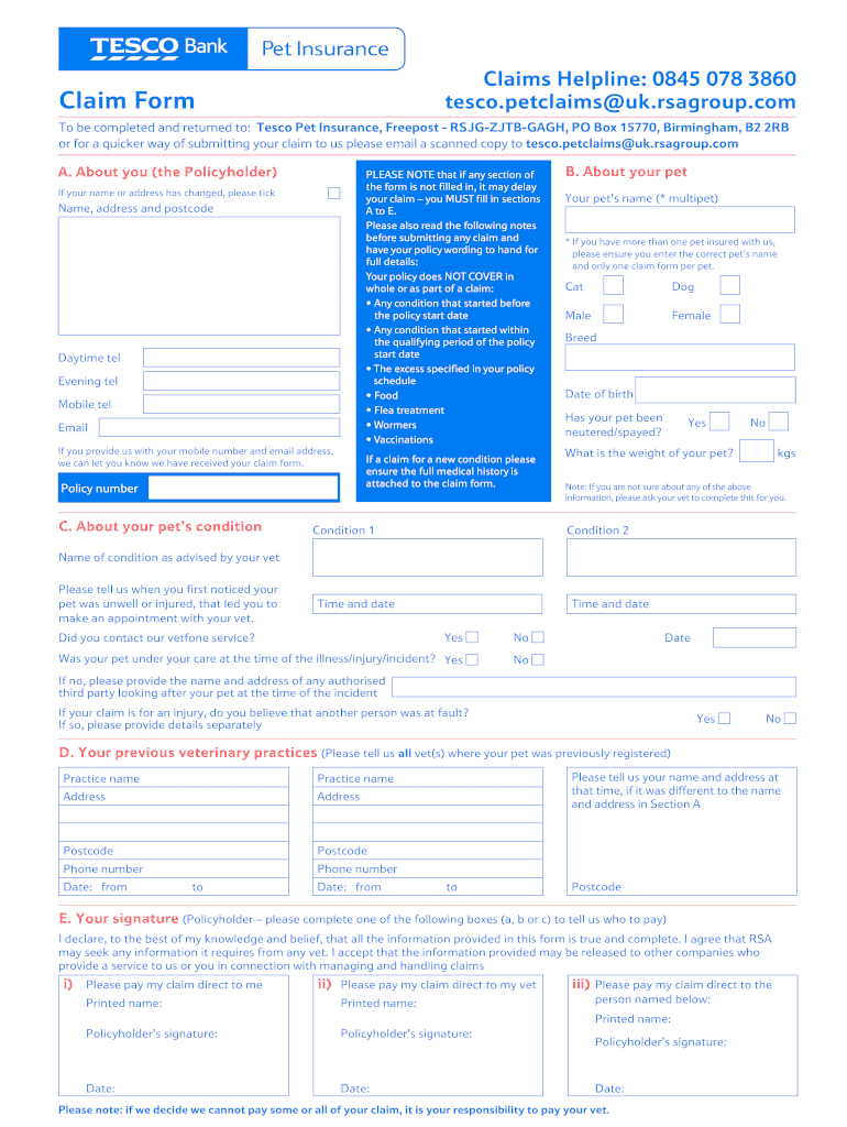 Tesco Pet Insurance Claim Form Fill Online Printable Fillable 