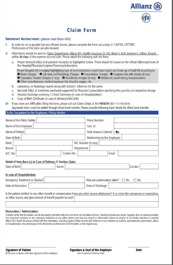 TEVTA News Allianz Efu Medical Claim Form For TEVTA Employees