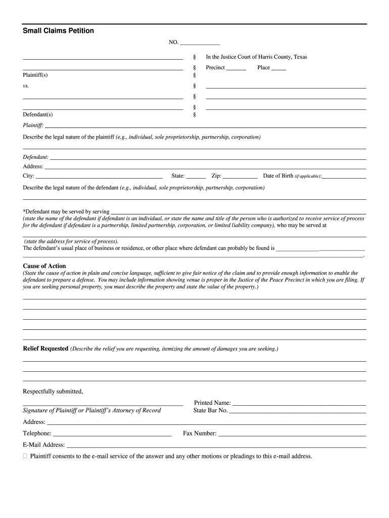 Texas Small Claims Petition Fill Online Printable Fillable Blank