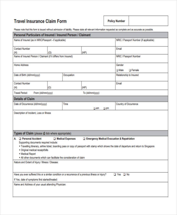 Travel Insurance Claim Form Printable Pdf Download Gambaran