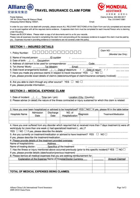 Travel Insurance Claim Form Printable Pdf Download Gambaran