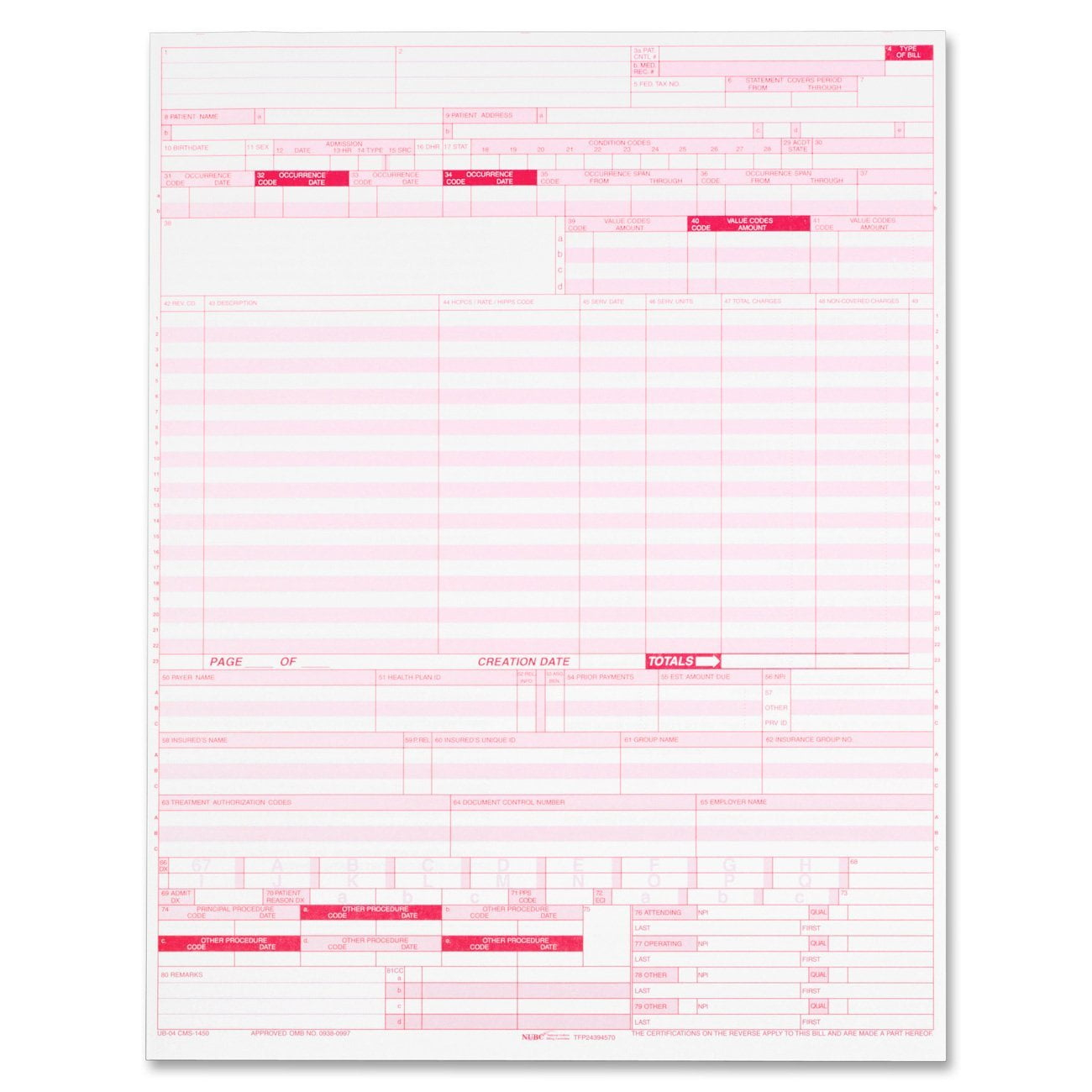 UB 04 Continuous Hospital Insurance Claim Form 1 Part Laser 8 5 X 11 