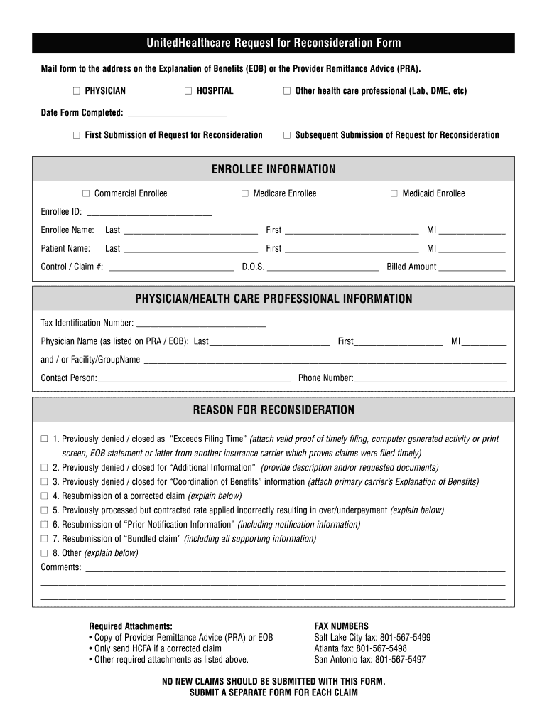 UHC Request For Reconsideration Form Cat Health Benefits Fill Out