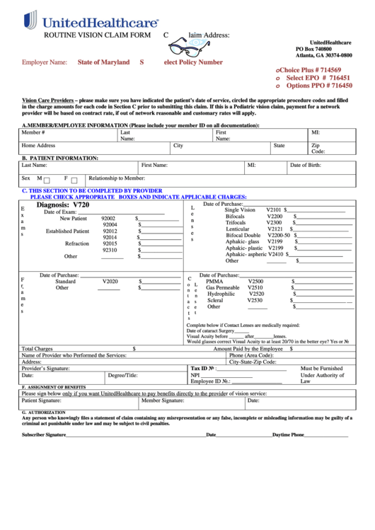 United Healthcare Routine Vision Claim Form Printable Pdf Download