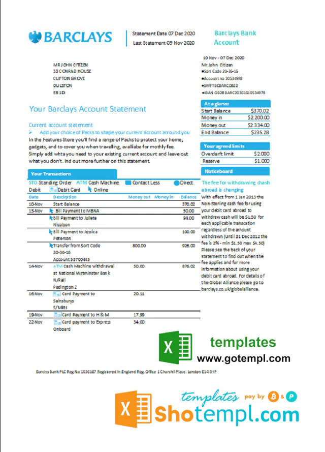 United Kingdom Barclays Bank Account Statement Template In Excel And 