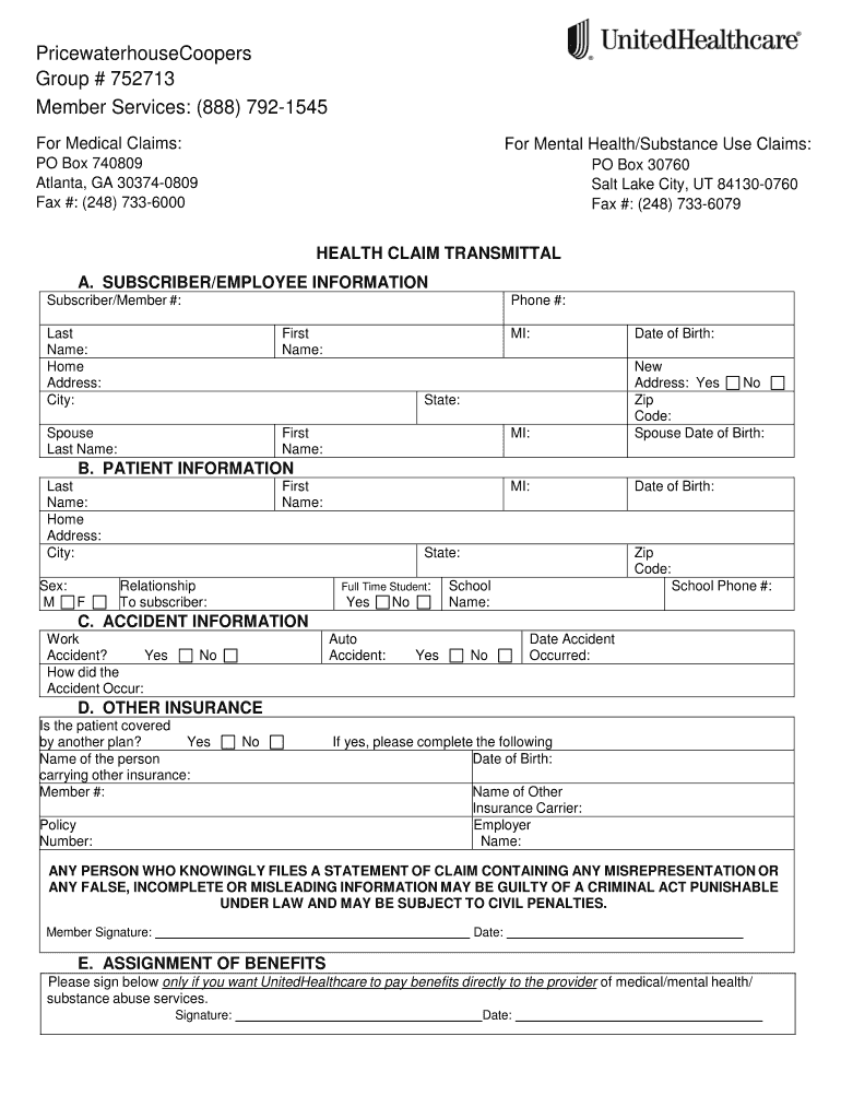 UnitedHealthCare Health Claim Transmittal Fill And Sign Printable 