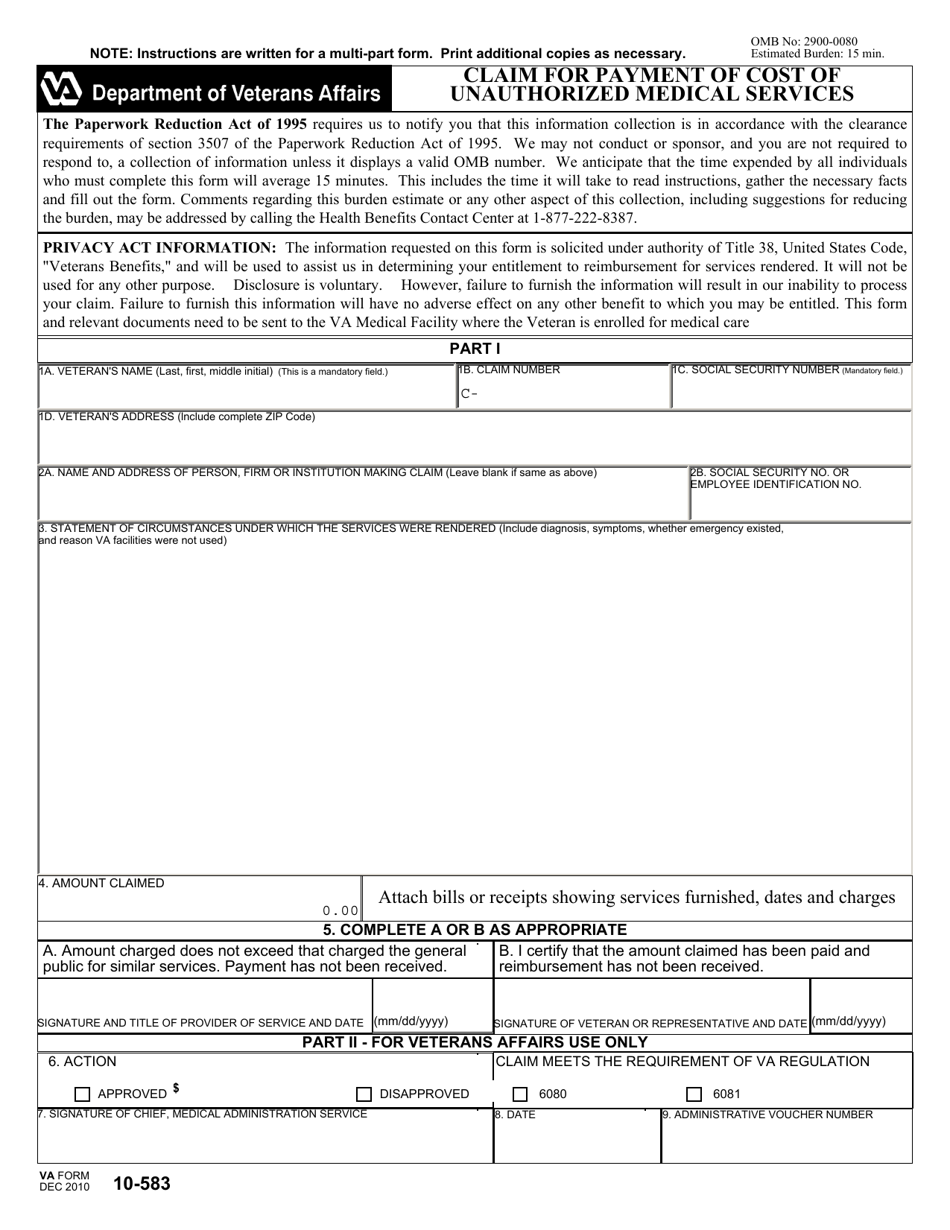 VA Form 10 583 Download Fillable PDF Or Fill Online Claim Fom For