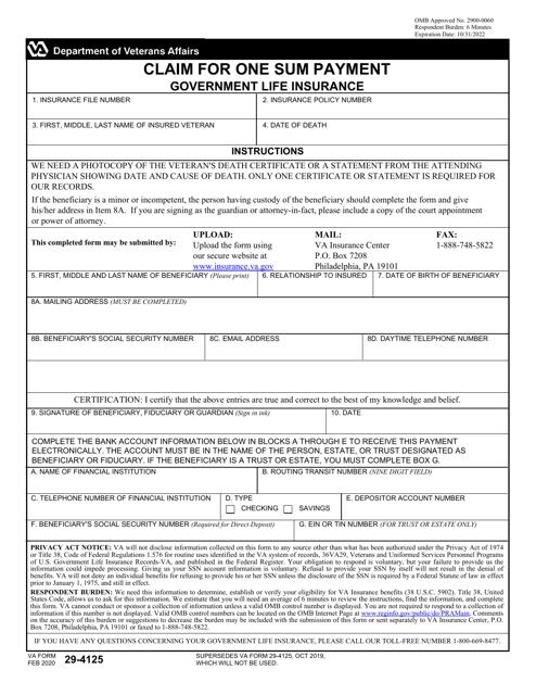 VA Form 29 4125 Download Fillable PDF Or Fill Online Claim For One Sum 