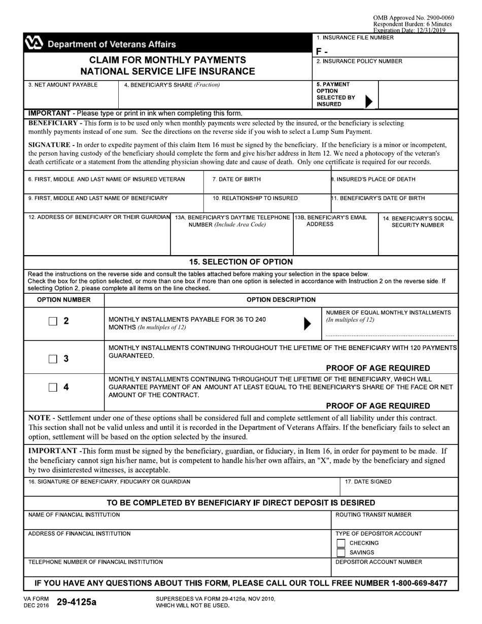 VA Form 29 4125A Download Fillable PDF Or Fill Online Claim For Monthly 