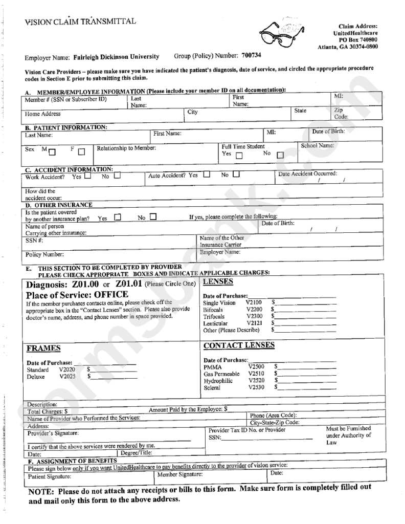 Vision Claim Transmittal Printable Pdf Download