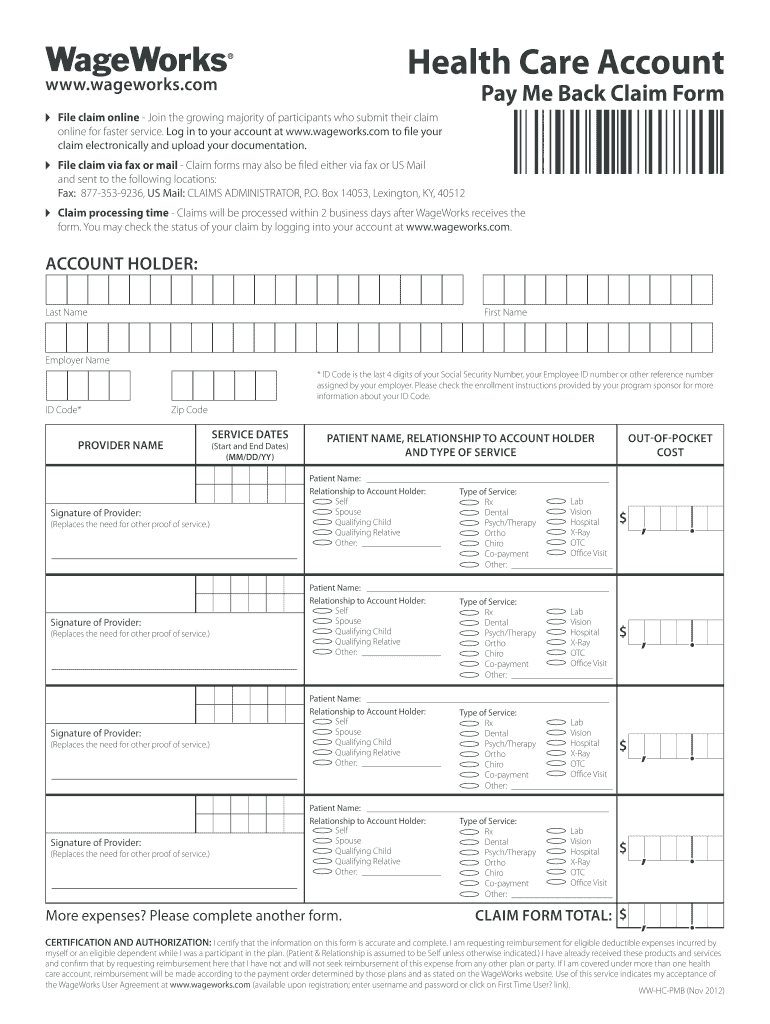 WageWorks HealthCare Account Pay Me Back Claim Form 2012 Fill And 