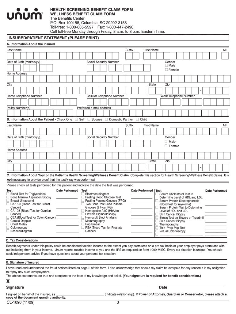 2009 Form Unum CL 1090 Fill Online Printable Fillable Blank PdfFiller